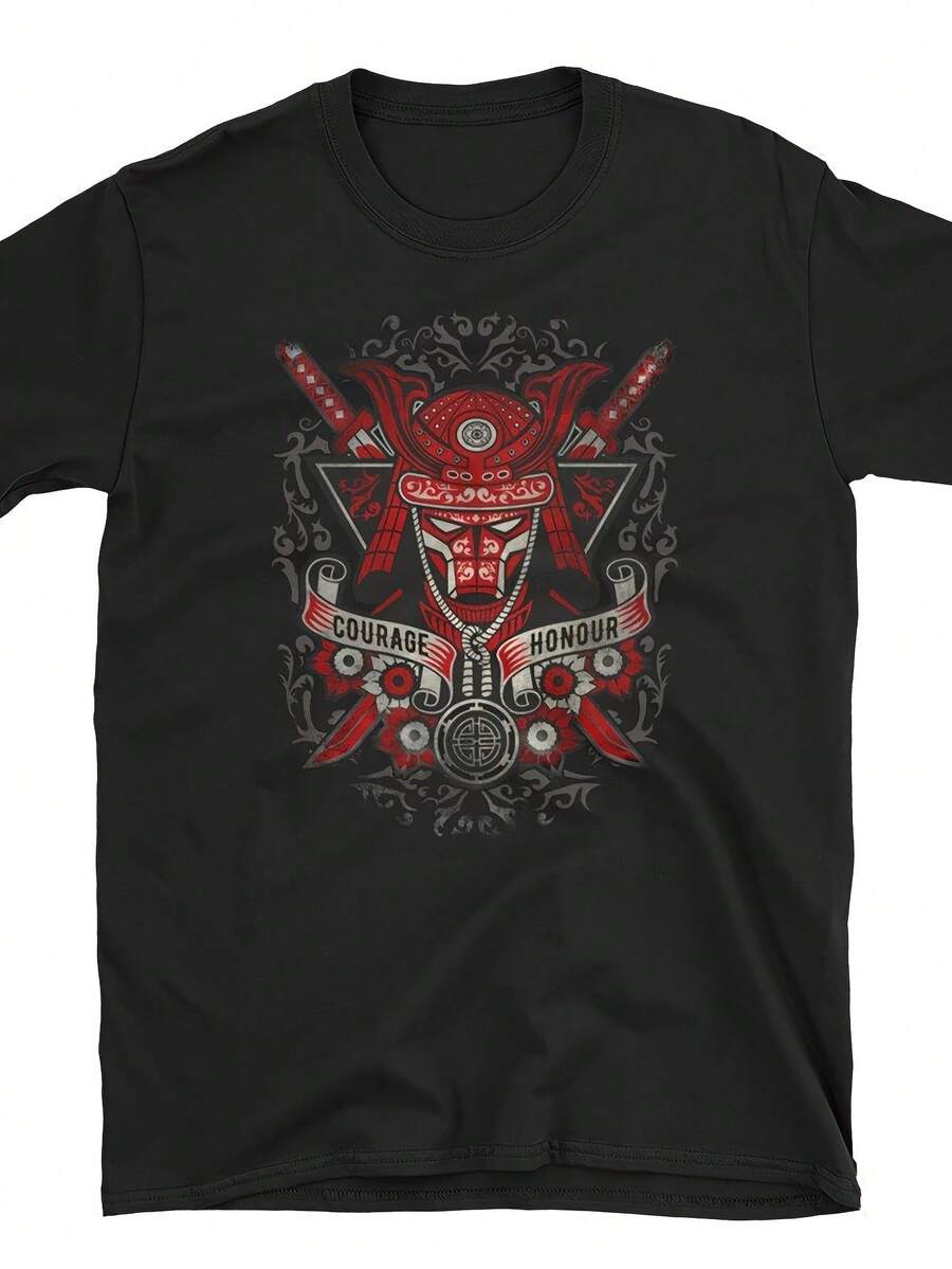 Camiseta de manga corta transpirable para hombre, de color negro y cuello redondo, con diseño de samurái que celebra el honor y el coraje en las artes marciales, estilo casual de verano. - Negro - Ver 1