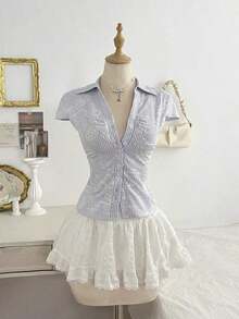 Camisa casual de manga corta con capucha, cintura ajustada con lazo delantero - Azul - Ver 5
