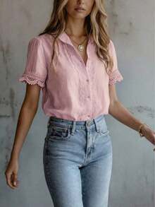 Blusa elegante de mujer con unicolor, bordado y parches de encaje, versátil para el hogar, uso diario y todas las estaciones, rosa de verano - Rosa - Ver 5