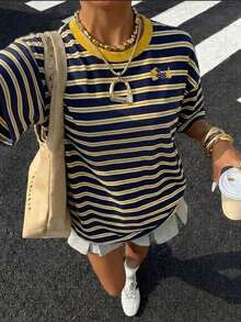 Camiseta de manga corta de cuello redondo holgada con estampado de estrella de contraste de color azul y rojo, número 67 y rayas, de estilo retro casual para mujer, adecuada para el verano, la temporada deportiva y la Copa del Mundo - Multicolor 2 - Ver 7