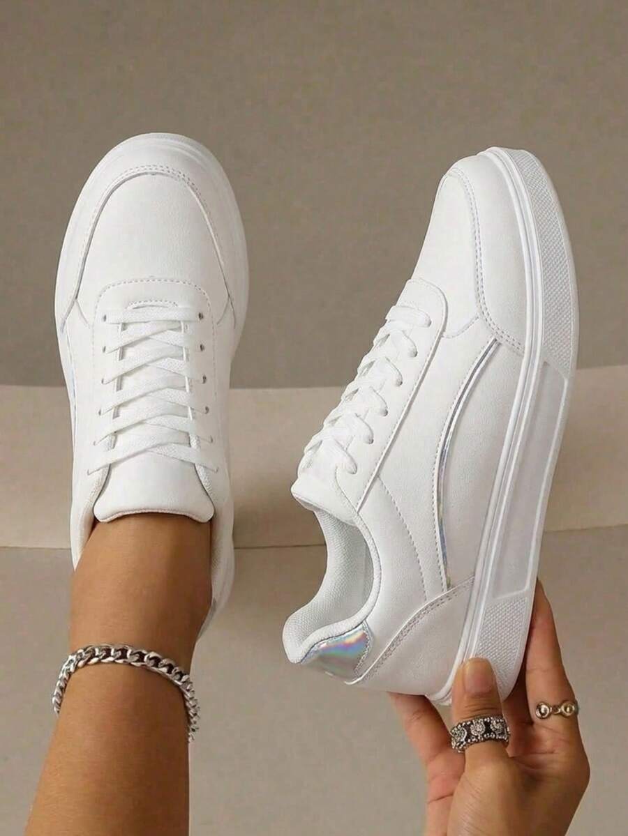 Women's Fashionable Versatile Outdoor White Lightweight Lace-Up Round-Toe Flat-Heel Anti-Slip Comfortable Casual Shoes Sneakers Running Shoes, Sizes 36-43