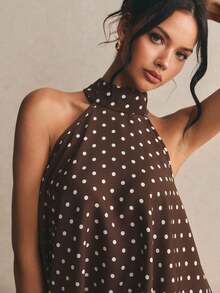 Blusa elegante de cuello halter con lunares para mujeres - Café integral 2 - Ver 4