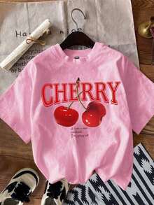 Set de 3 camisetas de manga corta de ajuste ceñido con estampado de cereza en estilo minimalista casual, adecuadas para el verano - Multicolor 3 - Ver 4