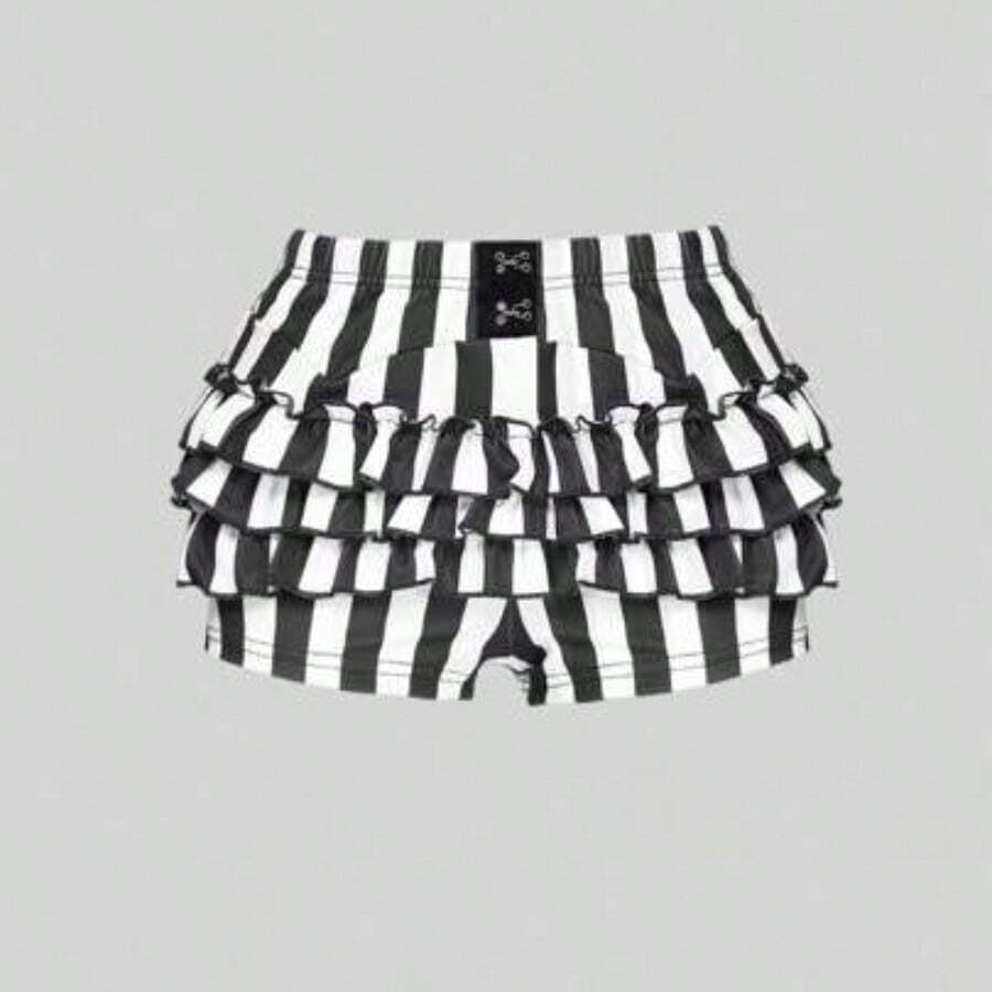 ROMWE Spring/Summer Carnival Party Casual Summer Gothic Black & White Striped Cake Skirt Shorts For Women - Blanco y Negro - Ver 1