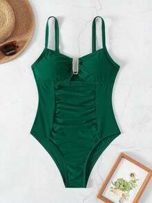 Swim Chiccia Nuevo traje de baño de una pieza elegante de unicolor, exquisito, para mujeres, para playa, natación y spa, temporada primavera/verano 2026 - Verde Oscuro - Ver 2