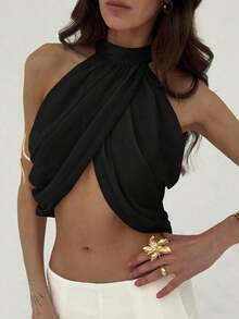 Blusa elegante y sexy para mujer con cuello cruzado, fruncido en la espalda y botones, de estilo casual y de vacaciones, de gasa - Negro - Ver 5