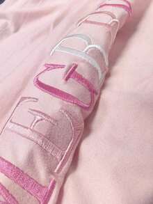 Camiseta ajustada de casual de manga corta y cuello redondo con bordado de letras para mujer de verano - Rosa 2 - Ver 4