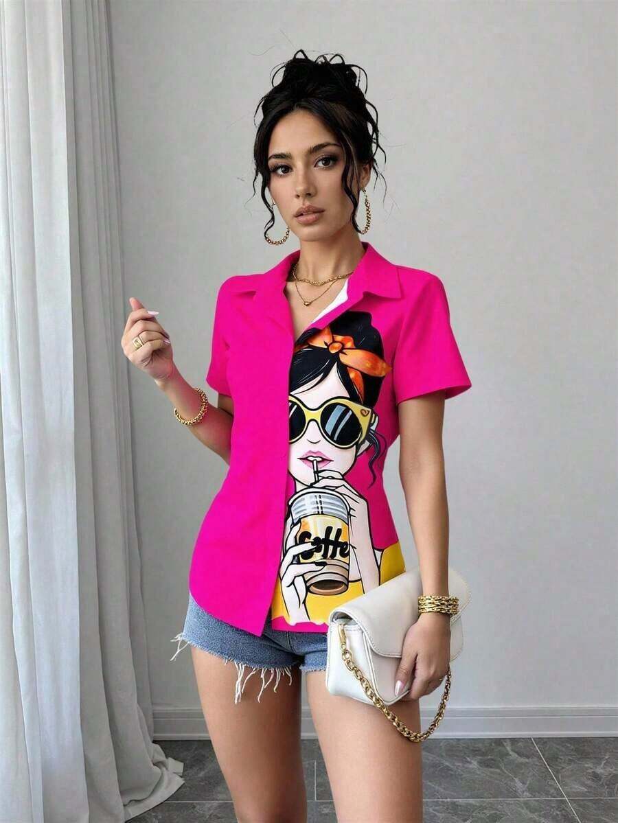 Blusa de mujer con estampado de chica de moda, manga corta y abotonadura, top de manga corta - Rosa Fucsia - Ver 1