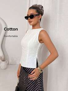 Camisa blanca sin mangas de algodón y lino, ajustada, con botones de nudo de bambú, estilo vintage para oficina - Blanco - Ver 6