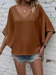 Camisa de manga de murciélago de unicolor casual, verano - Café integral - Ver 5