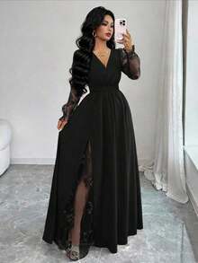 Vestido elegante de mujer con cuello en V profundo, parche de encaje, manga larga y abertura alta, adecuado para graduación, vacaciones, Día de San Valentín, festivales de música, Día de la Madre, Acción de Gracias, Pascua, Día Nacional, bailes, citas, fiestas, bodas, actividades al aire libre, primavera/verano - Negro - Ver 6