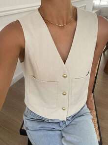 Chaqueta ajustada sin mangas de cuello redondo de unicolor para mujer, primavera y verano - Albaricoque - Ver 4