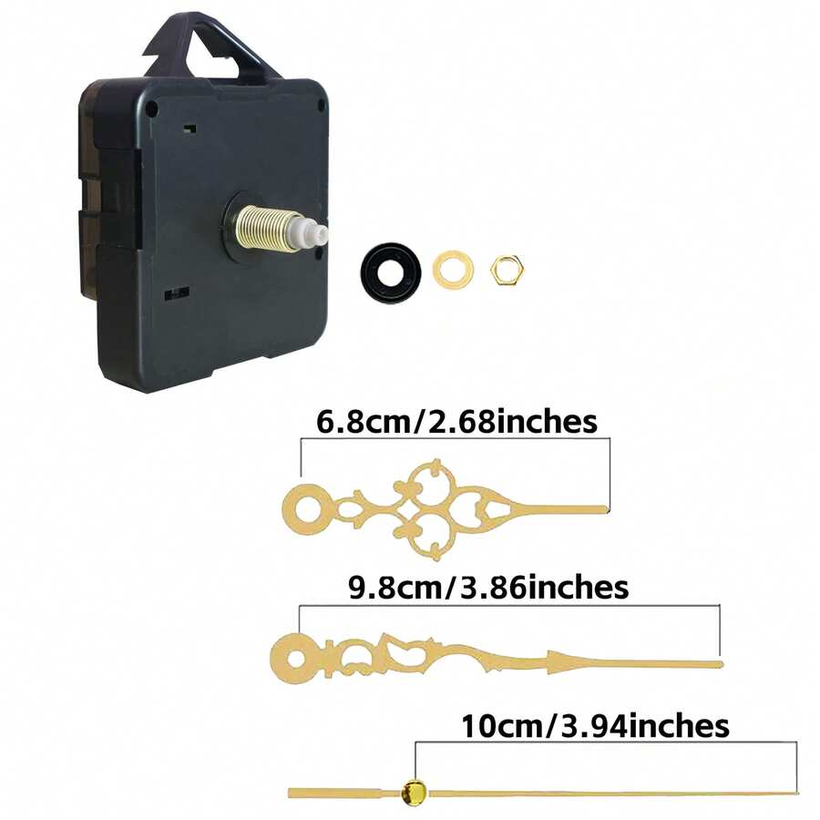 Bộ linh kiện máy đồng hồ thạch anh, trục dài 16mm, bao gồm 1 cặp kim vàng, dùng để sửa chữa, thay thế và tự làm đồng hồ treo tường/đồng hồ để bàn, phù hợp trang trí nhà cửa và văn phòng, món quà ý nghĩa cho người yêu thích đồng hồ.