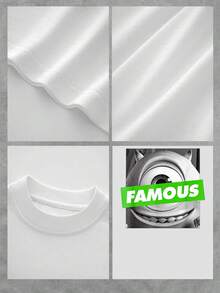 Gráfico con inspiración divertida que muestra un personaje de un solo ojo en tonos grises con la palabra verde FAMOUS simbolizando confianza humor y autenticidad camiseta de mujer  suave y cómoda para uso diario - Blanco - Ver 4