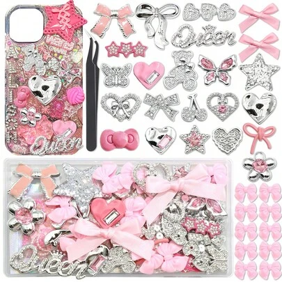 Junk Case Charms Pink Kawaii Bow Phone Cases Kit Silver Butterfly Charm For Junk 3D Heart Star Flower Phones Case Charms For Crafts Flatback Pearls Rhinestone DIY Accessories