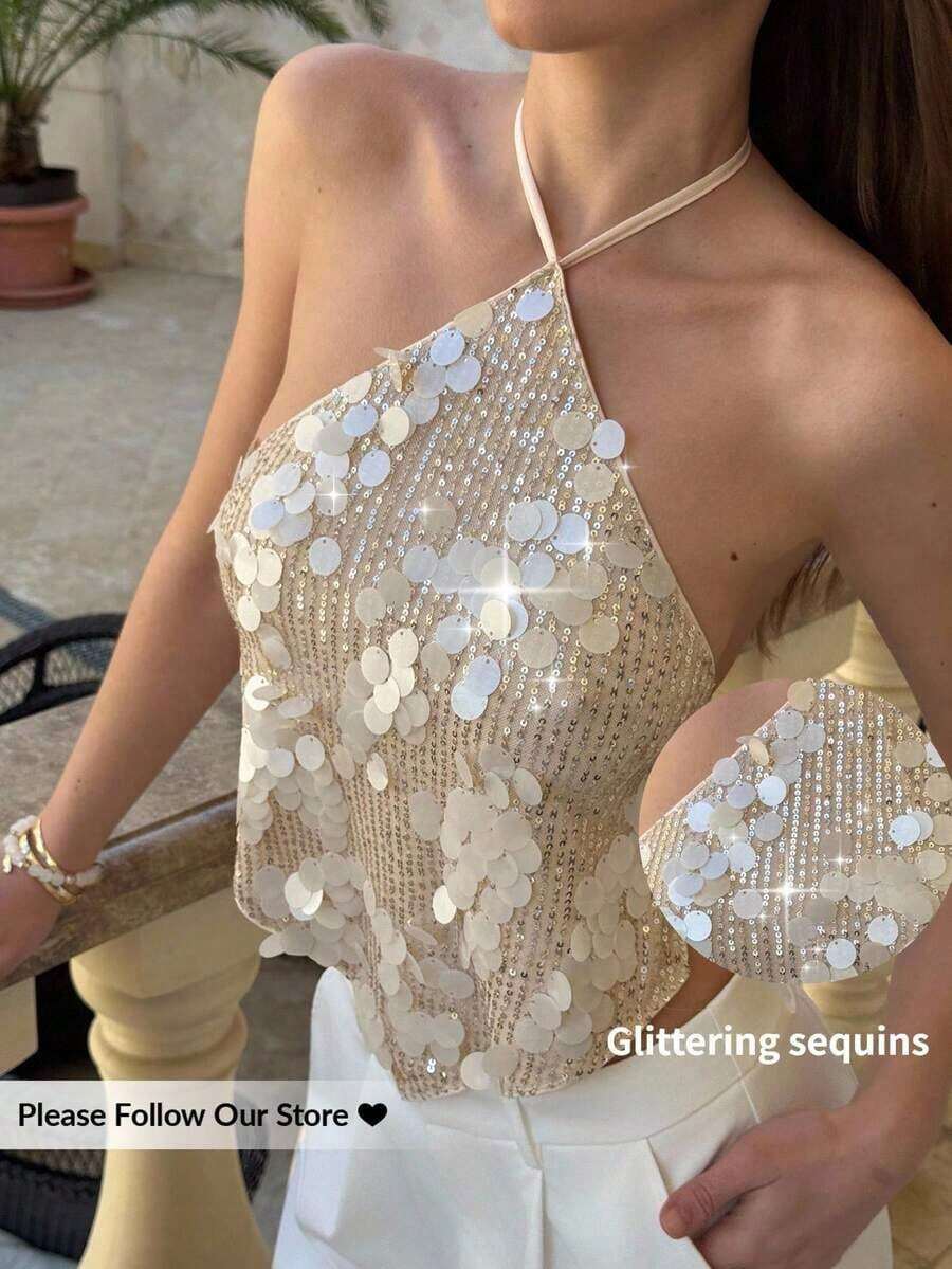 Top halter con espalda descubierta y lentejuelas sexy para mujer, ideal para verano, vacaciones en la playa, estilo bohemio, tropical, conciertos, festivales, country, Ibiza, Nashville, estilo occidental, boho, streetwear, gyaru - Blanco - Ver 1