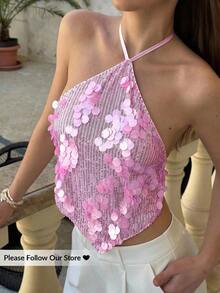 Top halter con espalda descubierta y lentejuelas sexy para mujer, atuendos de verano, ropa de verano, atuendos de playa para mujer, atuendos de vacaciones, atuendos bohemios tropicales de vacaciones, ropa de mujer, atuendos de concierto, atuendos de rave de mujer, atuendos de festival, atuendos de concierto country, atuendos de Ibiza, atuendos de Nashville, ropa occidental para mujer, ropa occidental bohemia, streetwear tropical, gyaru occidental, tops de verano lindos - Rosa 2 - Ver 8