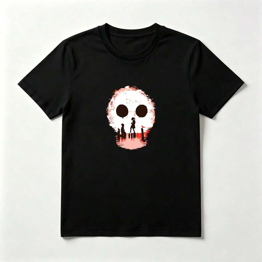 Silueta de Calavera Playera Artística de Algodón Negro Urbana - Negro - Ver 1