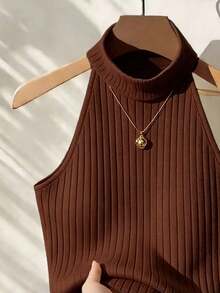 Blusa de unicolor con cuello halter, versátil para uso diario - Marrón - Ver 4