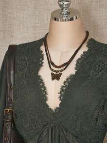 ICON Vestido mini de talla grande de unicolor casual con parches de encaje para mujer, ropa de otoño - Verde militar - Ver 4