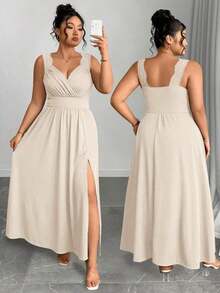 Elenzya Vestido línea A con cuello en V, contraste de encaje, tirantes finos y abertura para tallas grandes - Albaricoque - Ver 5