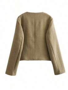 Chaqueta minimalista de mujer de unicolor con botones delanteros y mangas largas, elegante y casual, ligera para primavera y otoño, color negro - Caqui - Ver 5