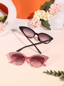 2 PCS Boy's And Girl's 4-9Y Retro Fun Cat Eye Fashion Glasses With Glitter Solid Color Polycarbonate Frame Soft Tinted Lenses Lightweight Suitable For Vacation Parties With Glasses Box - Multicolor - View 9