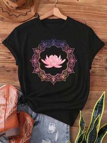 Camiseta de mujerflash oferta,blusas para dama casuales,poleras mujer,playeras de mujer>algodon,blusas>elegante,Camiseta con estampado de círculo de mandala de loto, manga corta y cuello redondo, top casual para verano y primavera, ropa de mujerCómoda y ligera - Negro - Ver 1