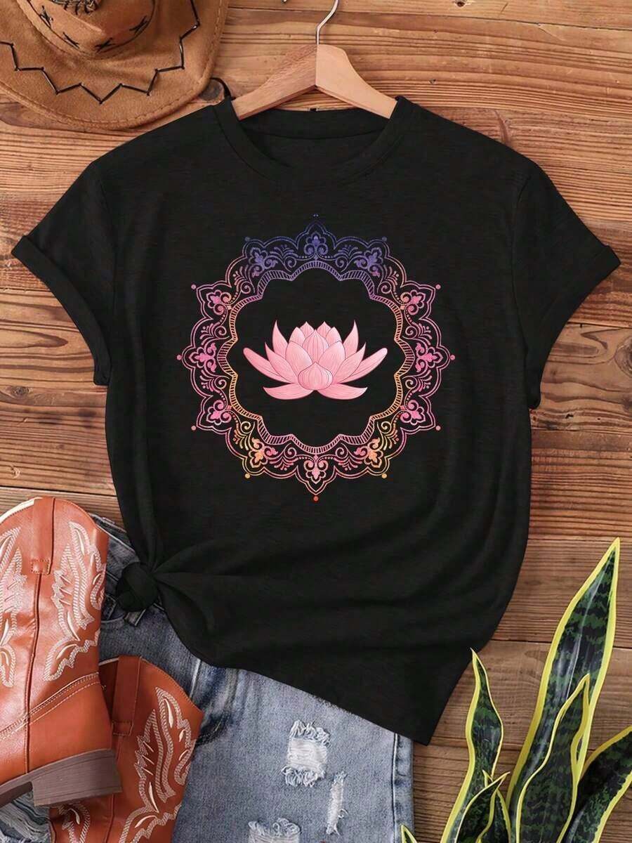 Camiseta de mujerflash oferta,blusas para dama casuales,poleras mujer,playeras de mujer>algodon,blusas>elegante,Camiseta con estampado de círculo de mandala de loto, manga corta y cuello redondo, top casual para verano y primavera, ropa de mujerCómoda y ligera - Negro - Ver 1