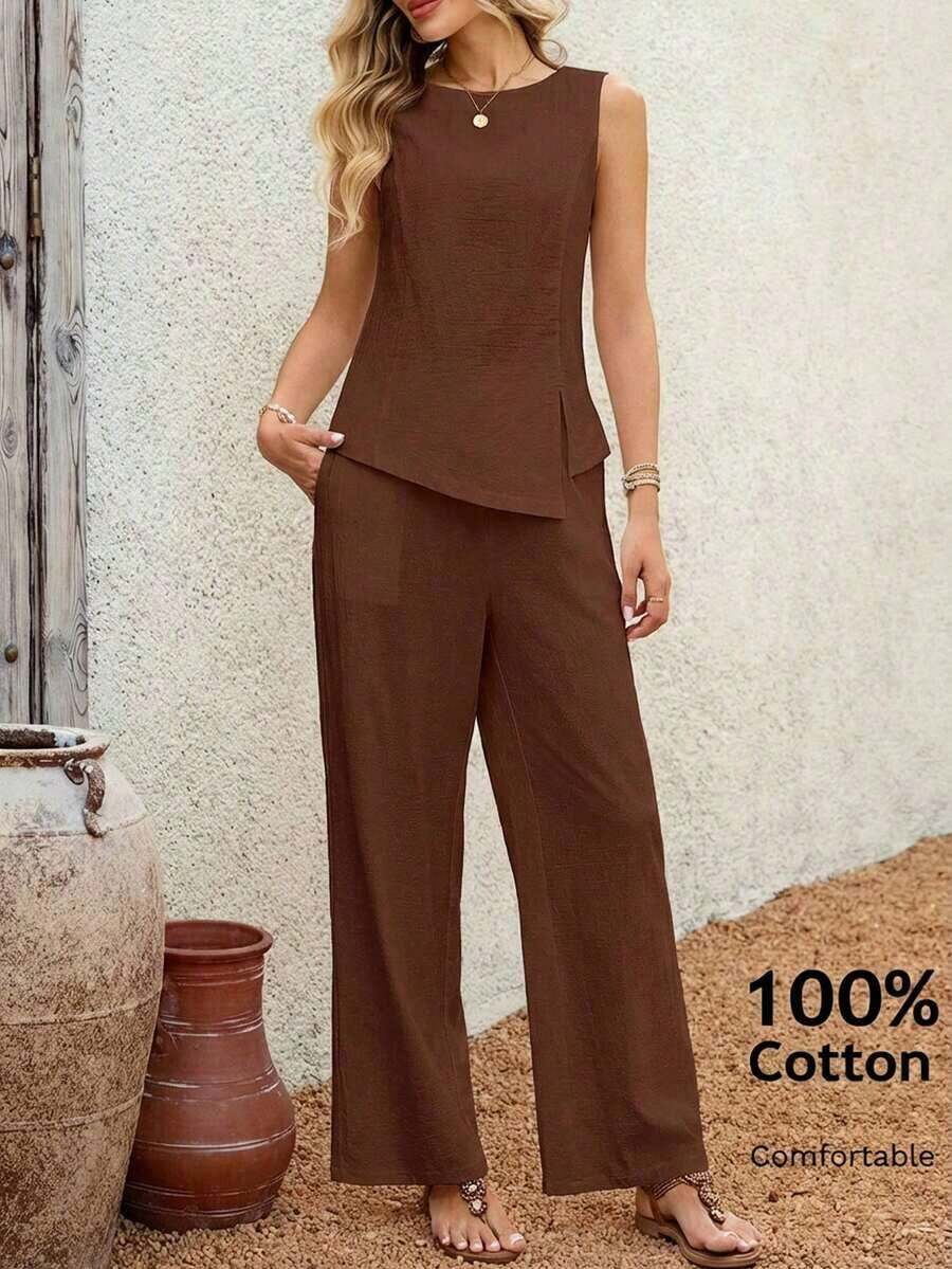 2 piezas Conjunto casual de uso diario con top y pantalones con diseño de abertura de jacquard para mujer - Marrón - Ver 1