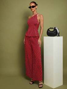 Set de 2 piezas de Top con hombros y pantalones a lunares para mujer, uso casual minimalista de todos los días - Burdeos - Ver 3