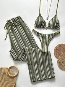 Swim Chiccia Conjunto de bikini a rayas sexy para mujer con pantalones, nueva llegada de trajes de baño para mujer 2026, adecuado para la escuela, vacaciones, citas, té de la tarde, estilo occidental, cruceros, playa, isla, viajes por carretera, todas las estaciones, festivales de música, vacaciones bohemias, vacaciones bohemias, otoño relajado, estilo occidental bohemio, blusas elegantes para mujer - Multicolor 4 - Ver 1