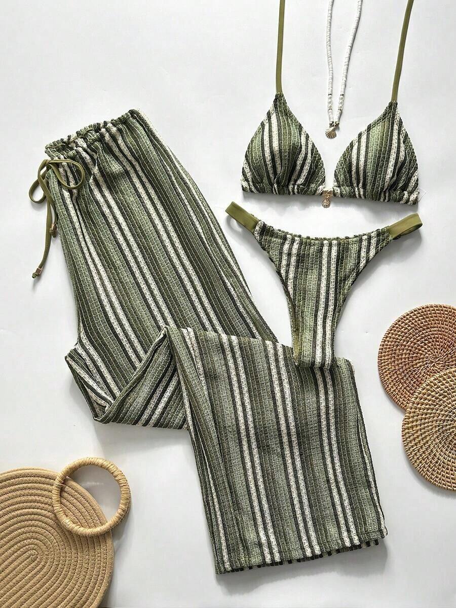Swim Chiccia Conjunto de bikini a rayas sexy para mujer con pantalones, nueva llegada de trajes de baño para mujer 2026, adecuado para la escuela, vacaciones, citas, té de la tarde, estilo occidental, cruceros, playa, isla, viajes por carretera, todas las estaciones, festivales de música, vacaciones bohemias, vacaciones bohemias, otoño relajado, estilo occidental bohemio, blusas elegantes para mujer - Multicolor 4 - Ver 1