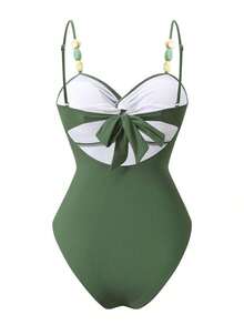 Swim Oasis Conjunto de traje de baño elegante y minimalista de estilo de dama de alta gama con diseño de cuentas de color contrastante y tela texturizada calada, serie 26ss, estilo de fiesta en la playa y resort, una pieza - Verde - Ver 4