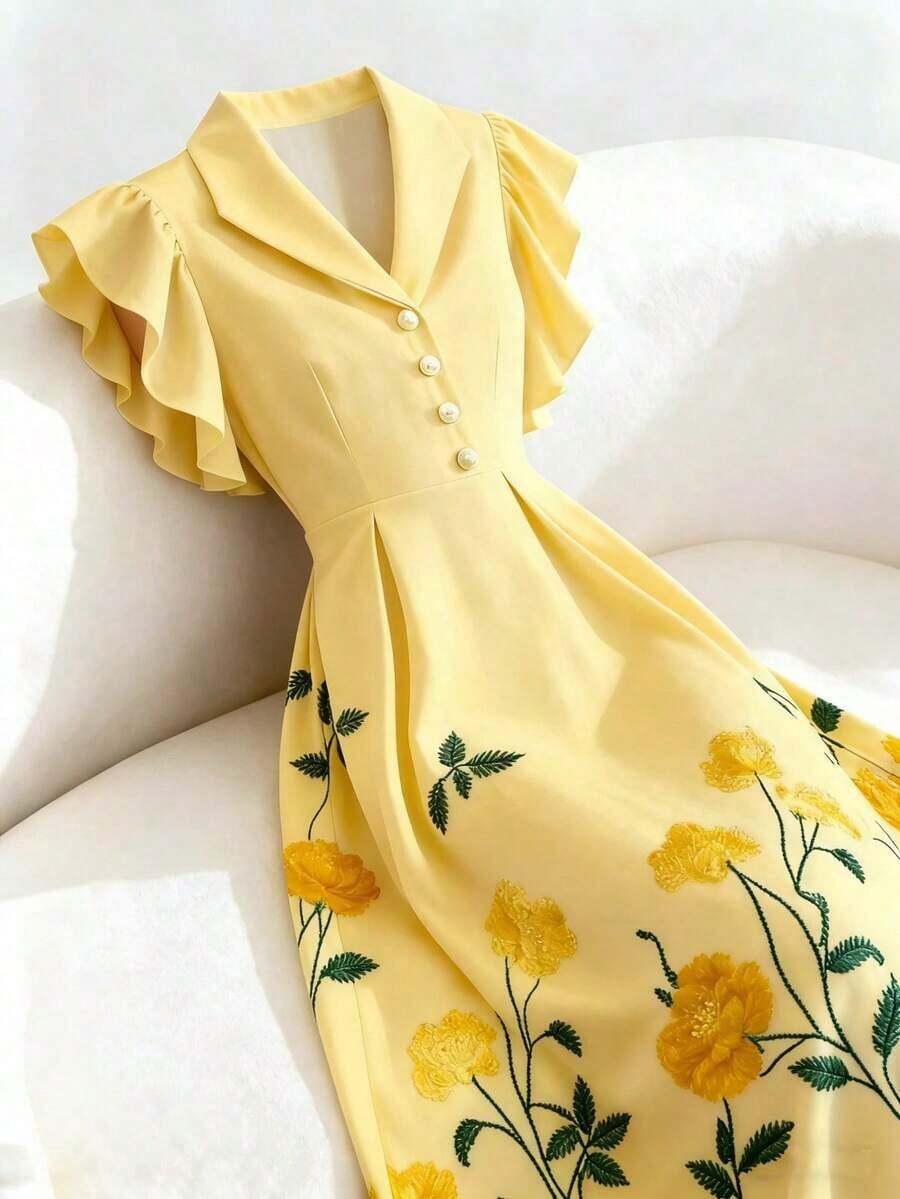 Vestido de manga acampanada de longitud media, de color albaricoque, con estampado floral, cuello de solapa, botones de perlas en la cintura, diseño de manga acampanada, encantador, elegante, dulce, para uso diario, vacaciones, viajes, citas, esti - Amarillo - Ver 1