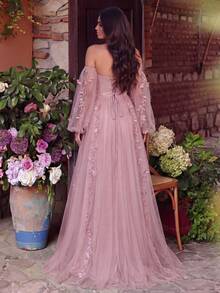 Faeriesty Fairy-Style Luxury Applique Detail Off-Shoulder Mesh Prom Dress Pink Wedding Party - Pink - View 3