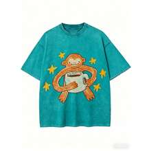 Monkey Coffee Print T-Shirt | High-Quality Batik Retro Streetwear, Unisex, Casual Style, Crew Neck, Slightly Flared Hem, Short Sleeve. Ideal For Daily Wear And Holiday Gifting. Retro Washed Cotton Short Sleeve, Neutral Vintage Egg Pattern Crew Neck - 青碧色 - 查看 1