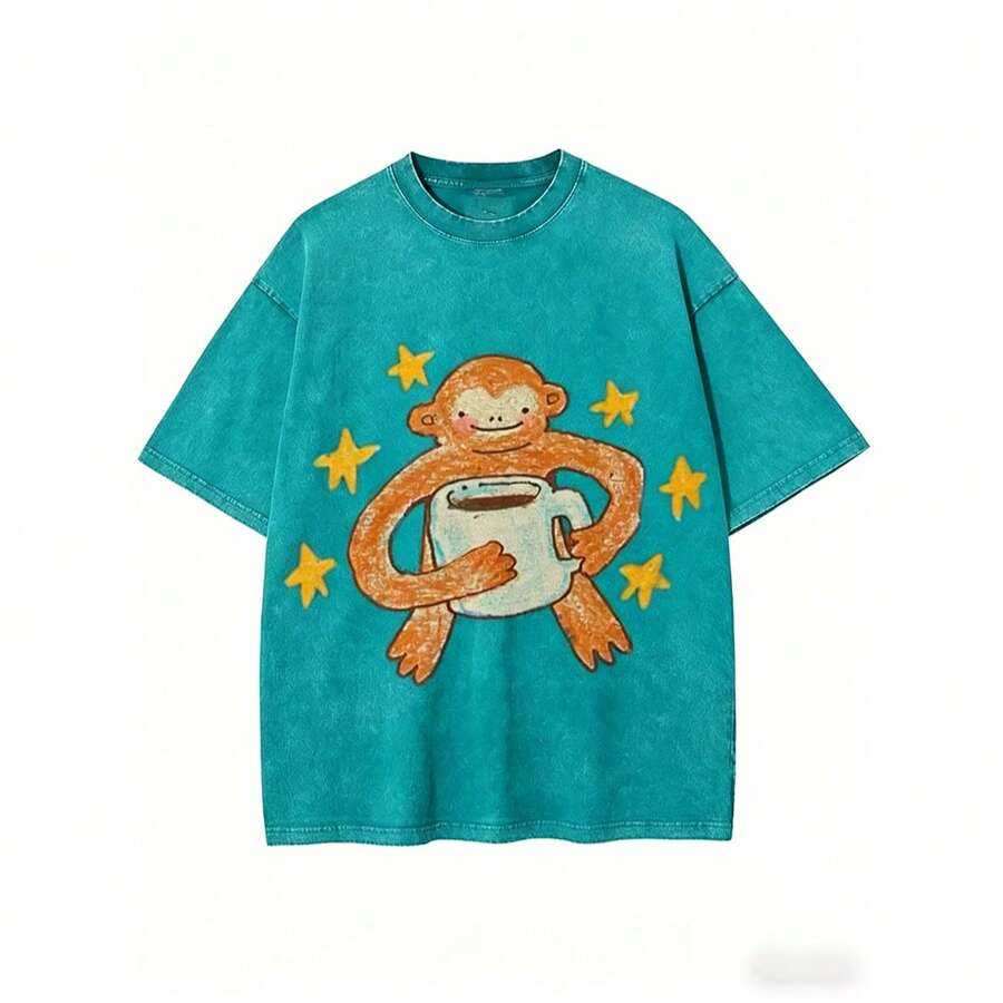 Monkey Coffee Print T-Shirt | High-Quality Batik Retro Streetwear, Unisex, Casual Style, Crew Neck, Slightly Flared Hem, Short Sleeve. Ideal For Daily Wear And Holiday Gifting. Retro Washed Cotton Short Sleeve, Neutral Vintage Egg Pattern Crew Neck - 青碧色 - 查看 1