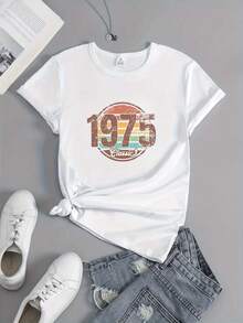 Elegante camiseta diaria de una pieza para mujer, con estampado vintage de 1975, cuello redondo, estilo casual deportivo de primavera/verano, camiseta de moda chic para mujer. - Blanco - Ver 7