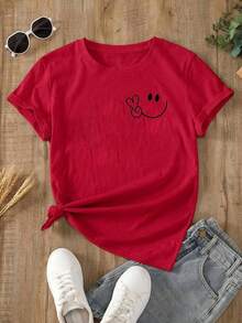 Women's Oversized Red Summer T-Shirt With  Face And Peace Sign Print. Casual Red Short-Sleeved T-Shirt With  Face, Ideal For Cool Summer Looks. - YH463-紅色 - 查看 2