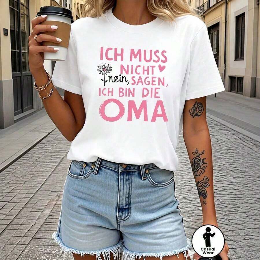 Camiseta alemana de estilo vintage urbano con eslogan de identidad de abuela, top casual de manga corta y cuello redondo para verano y primavera, ropa de mujer a la moda. - Blanco - Ver 1