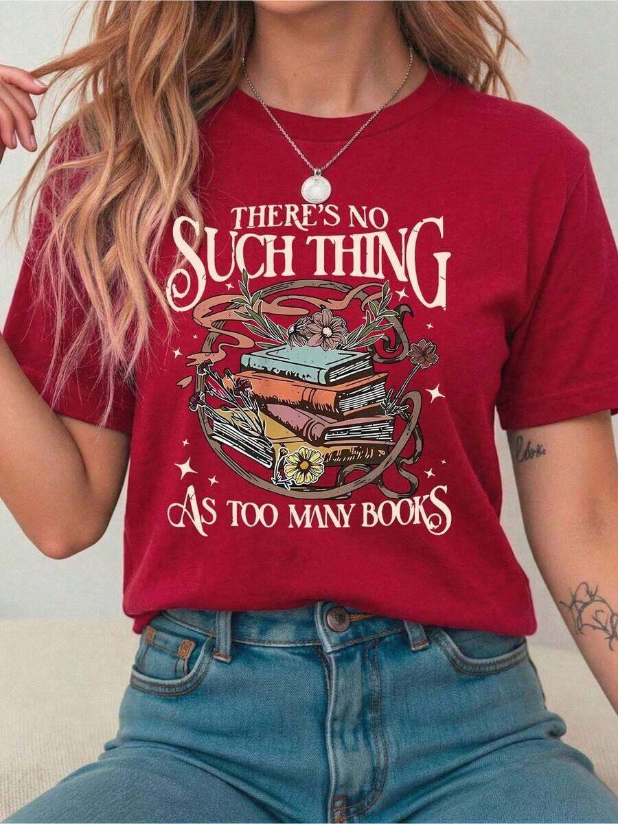 Camiseta de manga corta vintage, linda, interesante y cómoda, con estampado de libros y flores, y estampado de letras de dibujos animados para amantes de la lectura. Camiseta de mujer adecuada para diversas ocasiones, como regalo para festivales, cumpleaños, festivales de música, para uso casual, versátil y cómoda, para vacaciones en la playa, sencilla y a la moda, adecuada para el uso diario de mujeres y niñas. - Rojo - Ver 1