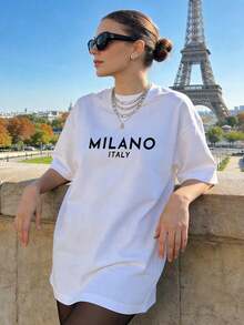 Ropa de Mujer, Camiseta de Verano de Algodón Suave y Casual con Cuello Redondo, Estampado con la Letra de la Ciudad de MILÁNO, ITALIA. Negro. - Blanco - Ver 3
