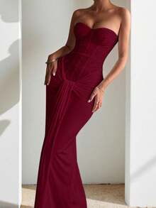 Elegant Strapless Evening Gown - Flowing Sash Waist-Defining Maxi Dress With Slim Fit & Formal Silhouette - Màu Đỏ Sâu - Xem 13