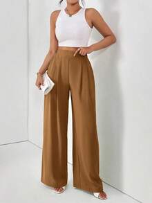 Pantalones casuales sueltos con bolsillos plisados y unicolor básico para mujer - Marrón - Ver 3