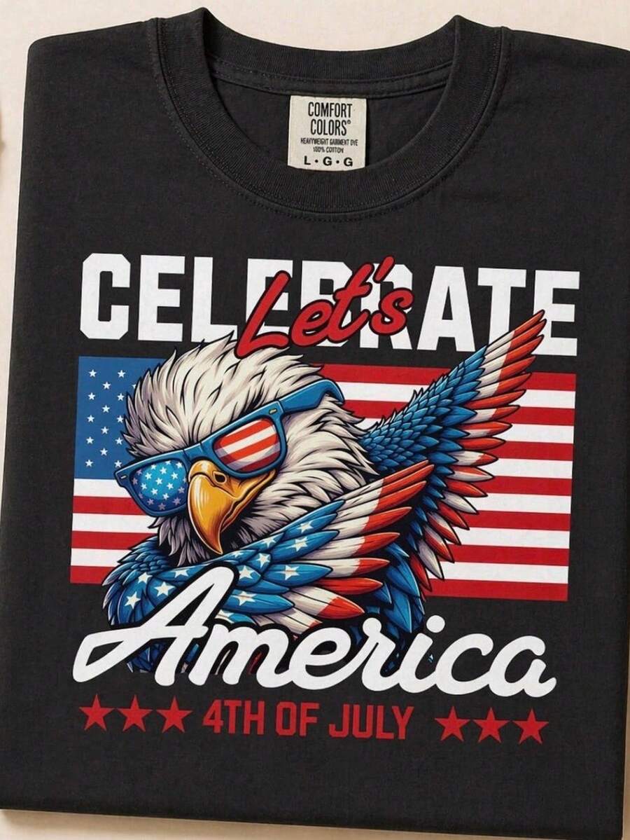 Camiseta divertida Lets Celeb1rate AM1erica para el 4 de julio con águila, diseño patriótico de EE. UU., Día de la Independencia, unisex. 220 g de algodón puro unisex. Peso ideal para todas las estaciones, apto para hombres y mujeres. Tejido duradero de alta calidad, suave al tacto y de larga duración. Camiseta transpirable. Ideal para primavera y verano, vacaciones, Día de la Madre y Día de la Independencia. - Negro - Ver 1
