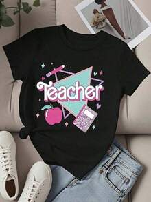 ropa de mujer Camiseta de Profesora Blanca con Estampado de Manzana y Cuaderno Ropa Casual para Mujer para la Escuela y Uso Diario camisas de mujer - Negro - Ver 3