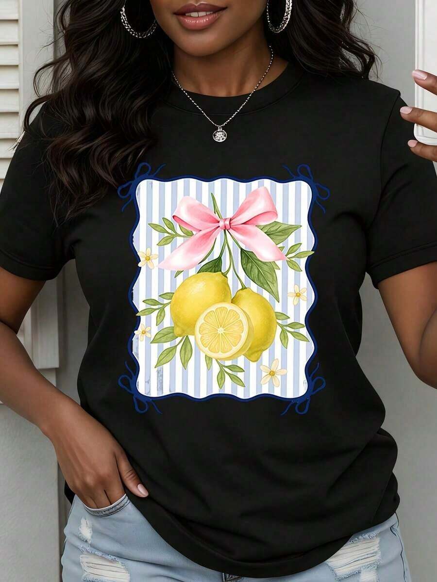 Summer T-Shirt With Vintage Lemon Print And Bow Design, Casual T-Shirt For Women, Summer Fruit Print Top, Modern And Cool Women's Clothing - 黑色 - 查看 1