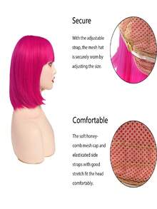 Rose Bud Hot Pink Bob Wig With Fringe 12 Inch Short Straight Costume Wigs For Women Cosplay Party Halloween - Rose Red - View 5