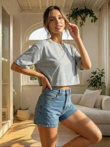Blusa de mujer de cuello redondo, manga corta, holgada y casual, de estilo minimalista, elegante y sexy Y2K, adecuada para uso diario, oficina, hogar, exterior, primavera/verano - Gris Claro - Ver 5